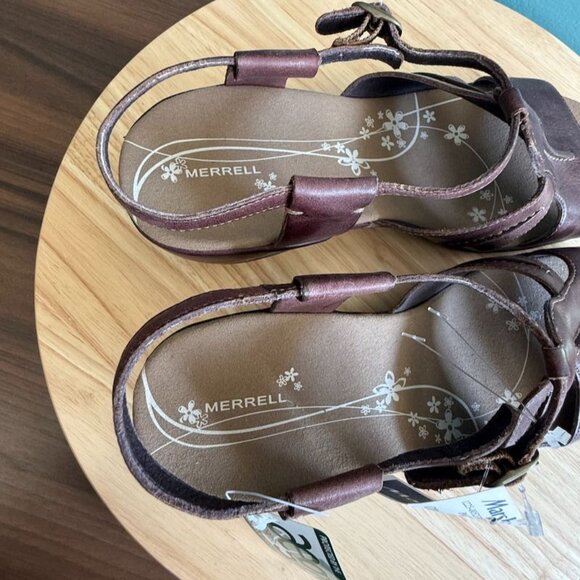 Women’s Merrell Viola Sandal 10 Leather Brown T Strap Vibram Wedge J46258 - Picture 7 of 11